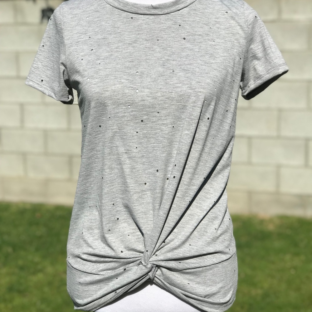 Knot Front Distressed Grey Tee